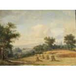Victorian School Two landscapes Retrieving the kite Oil on canvas lined 25 x 30cm and Harvestime Oil