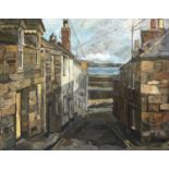 Sonia ROBINSON (1927)Down To The Harbour, MouseholeOil on boardInitialledInscribed artists label