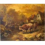 V COLE Cattle by a Stream Oil on canvas lined Signed 50 x 61cm