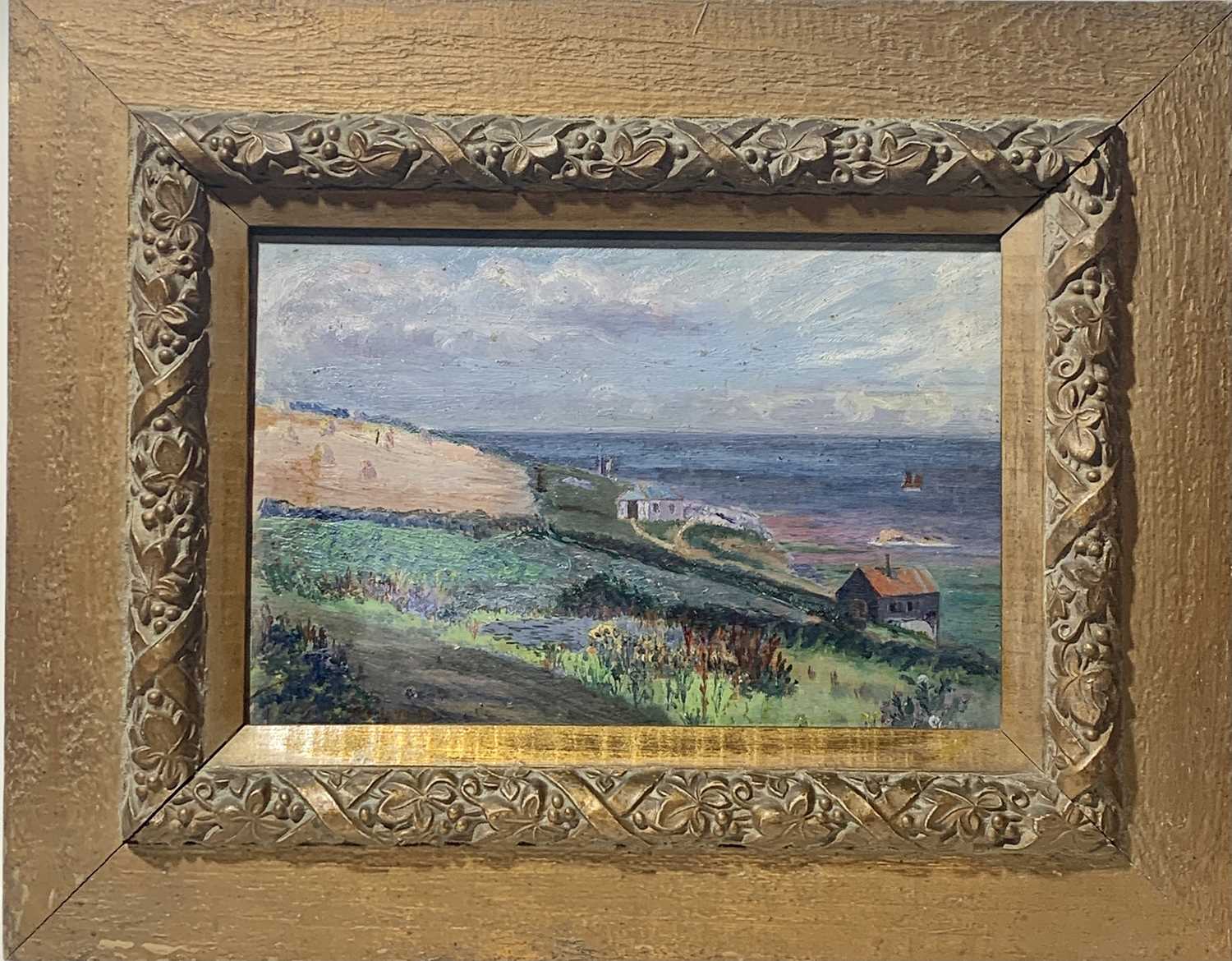 S BROWN St Ives Headland Oil on panel Signed, Lanhams brass tablet to verso 20 x 29cm