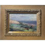 S BROWN St Ives Headland Oil on panel Signed, Lanhams brass tablet to verso 20 x 29cm
