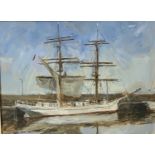 Robert JONES (1943) Brig Astrid, Penzance Harbour Oil on board Signed, inscribed and dated 1993 to