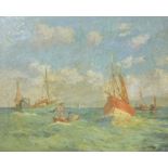Hugh E. RIDGE (1899-1976) Fishing Boats, St Ives Bay, waiting for the tide Oil on canvas Signed 40 x
