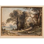John Varley 1778-1842Two watercoloursFigures beside a lake, signed, 10x13.5cmMill by a weir,