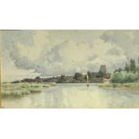 Late 19th century English School River Landscape with Distant Church Watercolour 21 x 39cm
