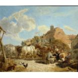 W J PENFOLD Farmers at Leisure Oil on canvas lined Signed, remnants of a label to verso 30 x 34