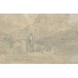 Joshua CRISTALL (c.1767-1847) Shepherds in a landscape Pencil drawing Inscribed 'Curn Bucchan'? 11 x