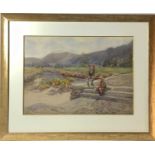 Florence M. GILL (XIX-XX) Boys Fishing Watercolour Signed 33.5 x 47cm