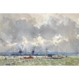 Paul BANNING (1934)Stormclouds Over a Port Watercolour Initialled Artists label to verso 18 x