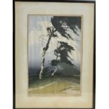 Oscar DROEGE (1898-1982) Hilltop Pines Woodcut Signed Labelled to verso 35.5 x 24cm image