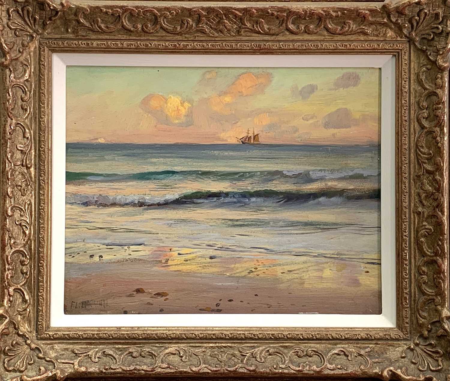 F L HEATH (?) Coast and Distant Schooner Oil on panel Indistinctly signed 25 x 31cm - Image 2 of 3