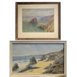 Harold GORDON Bedruthan Steps Gouache Signed 30 x 50cmTogether with H SPENCER Cornish Seascape