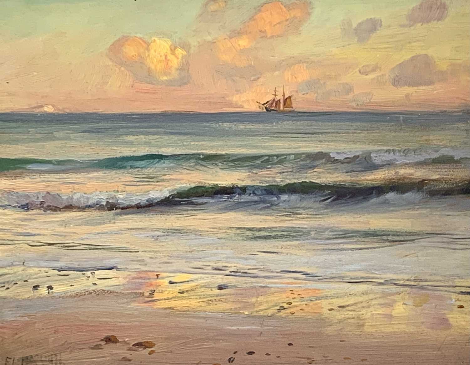 F L HEATH (?) Coast and Distant Schooner Oil on panel Indistinctly signed 25 x 31cm