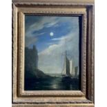 18th/19th century English School Moonlit coastal shipping Oil on oak panel 26 x 20cm