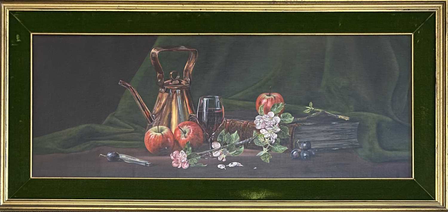 Ted DYER (1940)Still life with copper kettleOil on canvas Signed 35 x 91cm together with a print