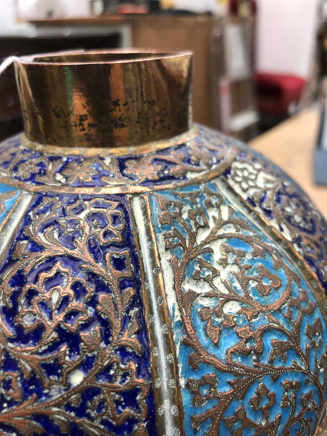 A Persian enamelled copper vase and cover, 19th century, the navy and sky blue panels each enclosing - Image 8 of 9