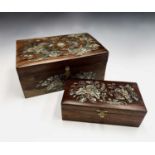 Two Chinese hardwood and mother of pearl work boxes, height 13cm, width 30cm, depth 19.5cm and