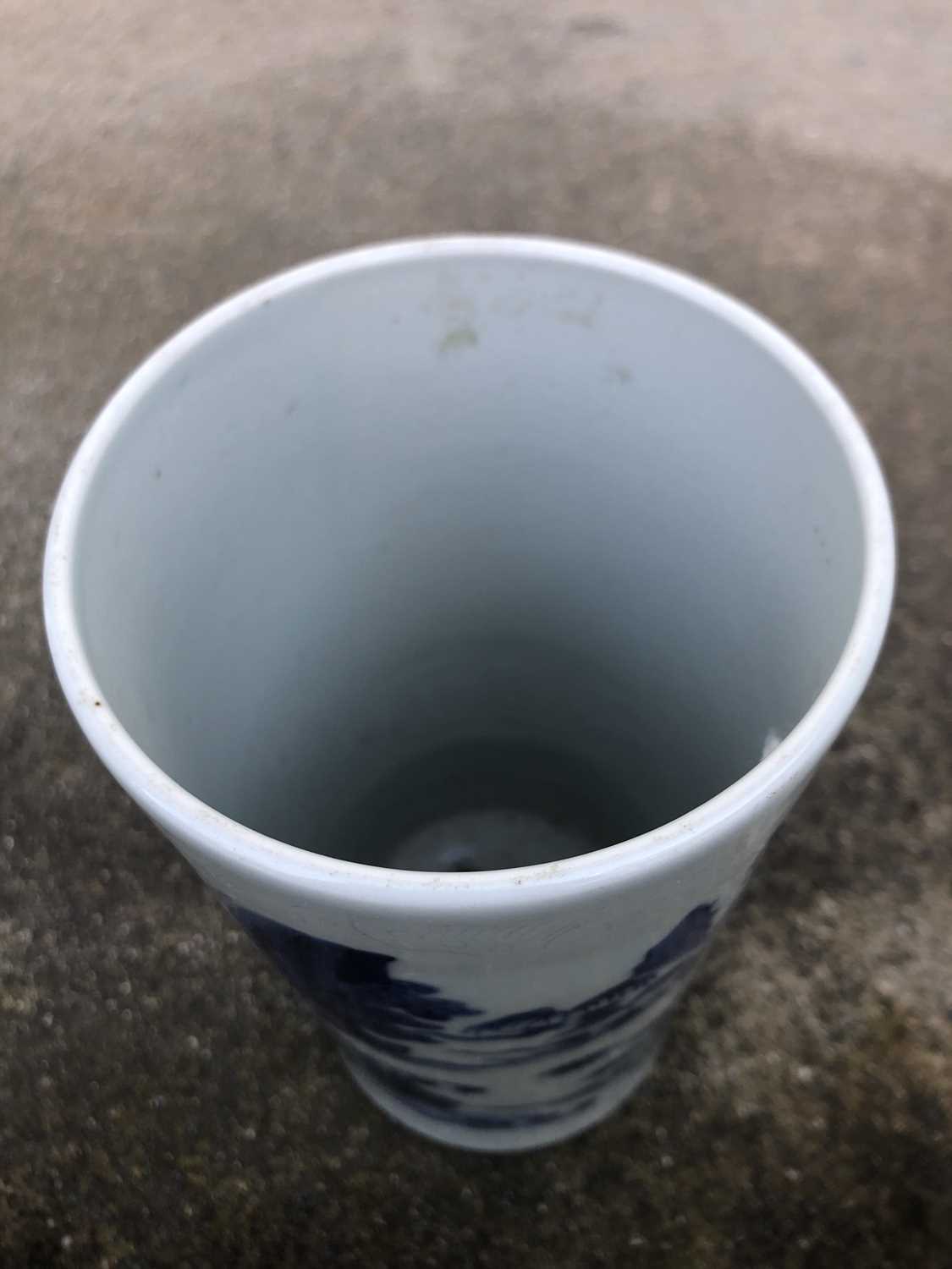 A Chinese blue and white porcelain transitional brush pot, of slender cylindrical form, decorated on - Image 15 of 31