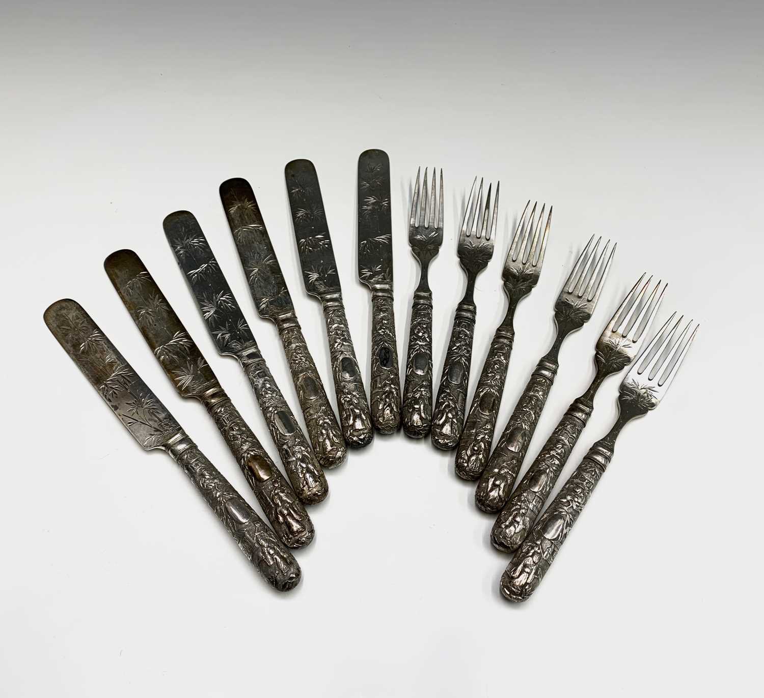 A set of six Chinese silver dessert knives and forks, the prongs with impressed character mark and - Image 9 of 9