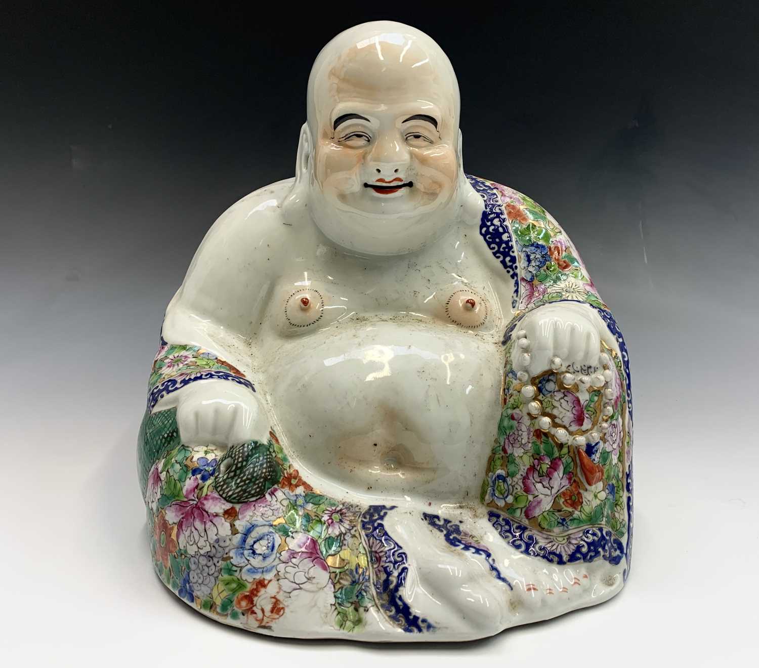 A large Chinese porcelain figure of a seated Buddah, 20th century, wearing a floral decorated robe - Image 4 of 15