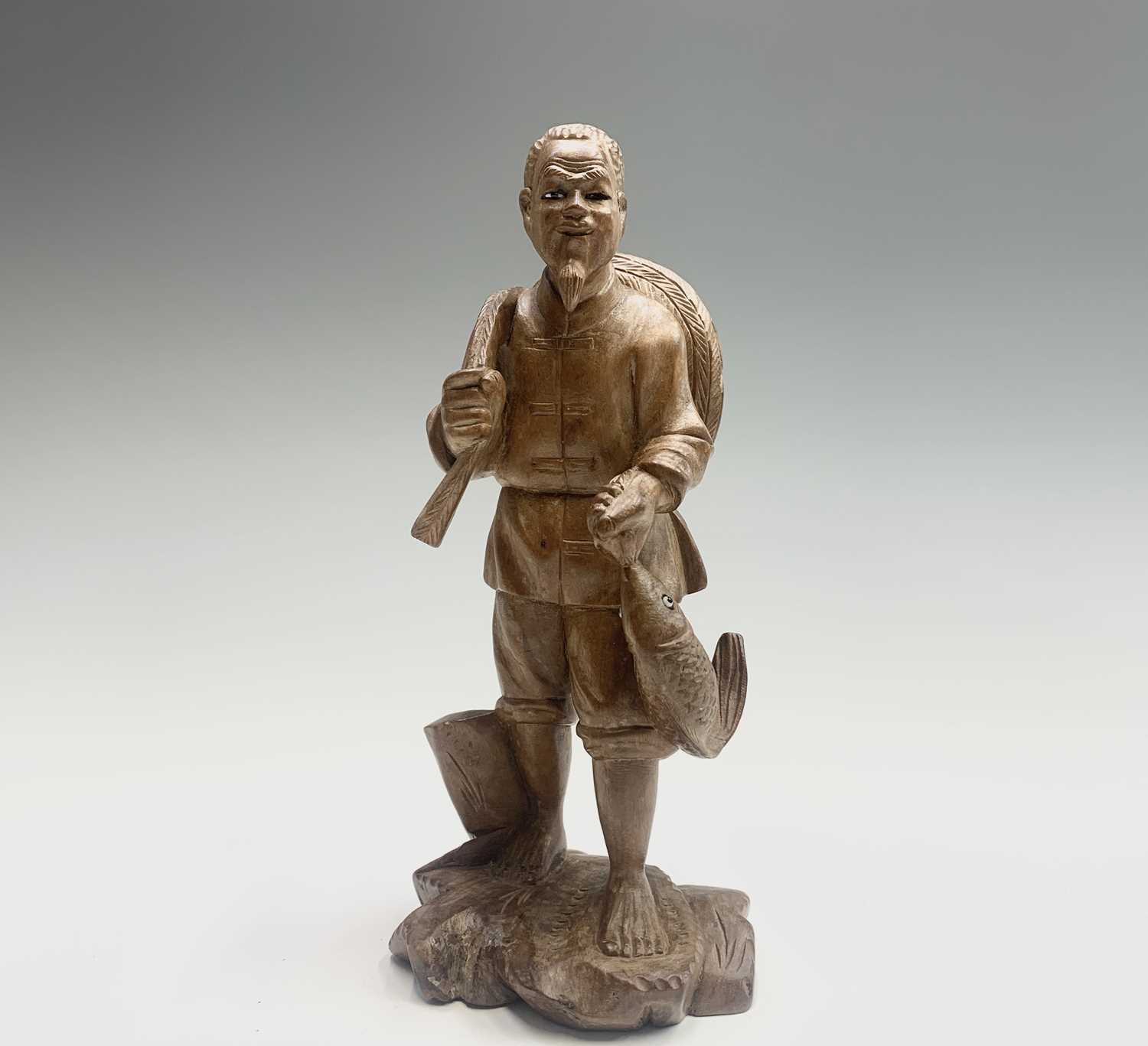 A Chinese hardwood figure of Shoulao, holding a peach and a staff, height 21cm, together with four - Image 6 of 13