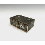 A Cairoware brass and silver inlaid box, with fixed wooden liners, the hinged cover with a central