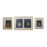 Four Indian paintings on leaves, in three gilt frames, size of double frame 34 x 47.5cm.