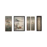 Five Chinese silk embroidered pictures, 20th century, including a similar pair, all framed and
