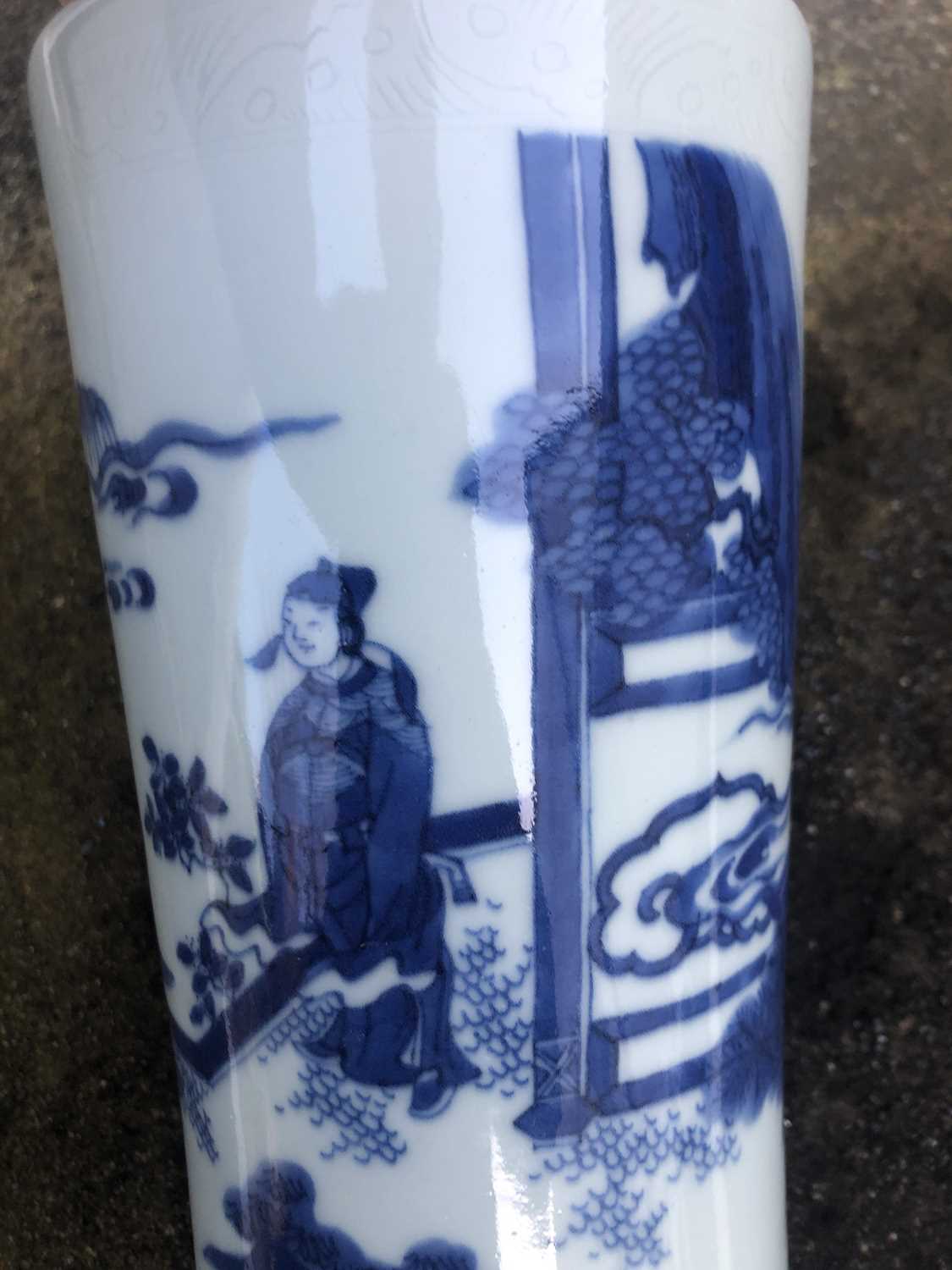 A Chinese blue and white porcelain transitional brush pot, of slender cylindrical form, decorated on - Image 21 of 31