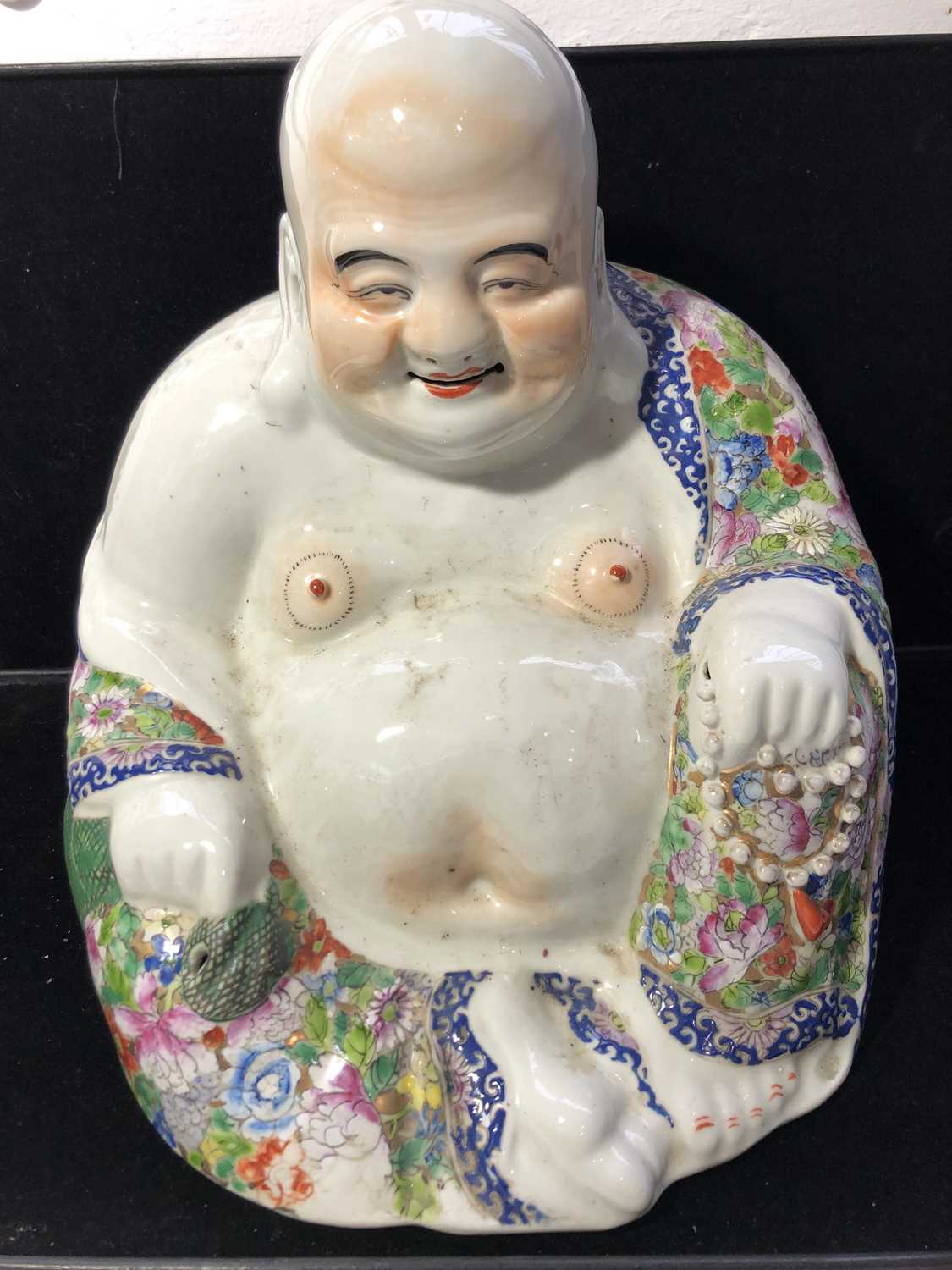 A large Chinese porcelain figure of a seated Buddah, 20th century, wearing a floral decorated robe - Image 8 of 15