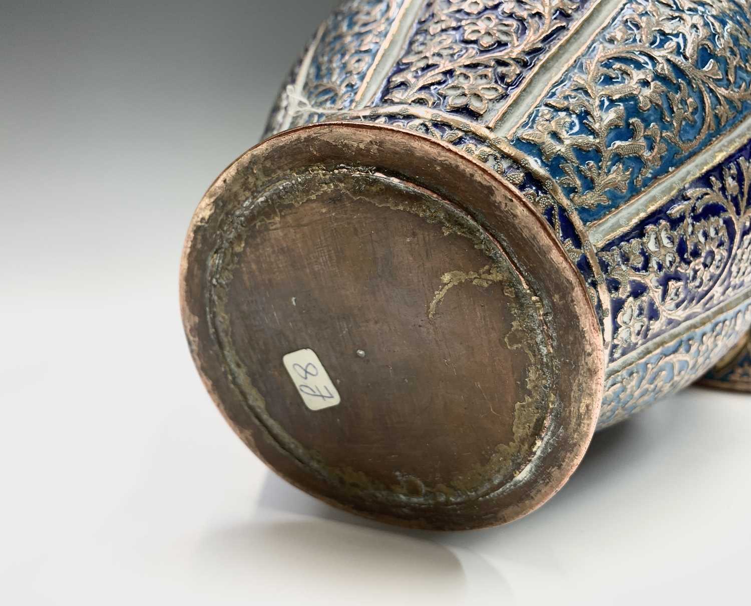 A Persian enamelled copper vase and cover, 19th century, the navy and sky blue panels each enclosing - Image 3 of 9