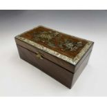 A Chinese hardwood and mother of pearl work box, the top inlaid with foliage, butterflies and a