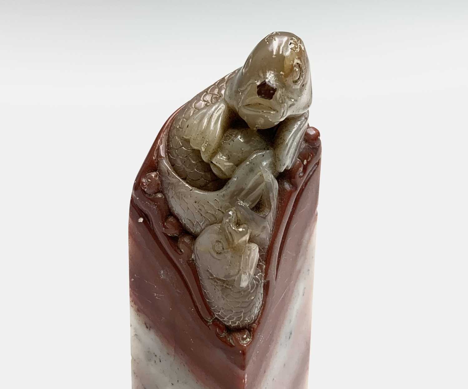 A Chinese hardstone seal, 19th century, surmounted by a carved carp, height 7.5cm. - Image 6 of 7