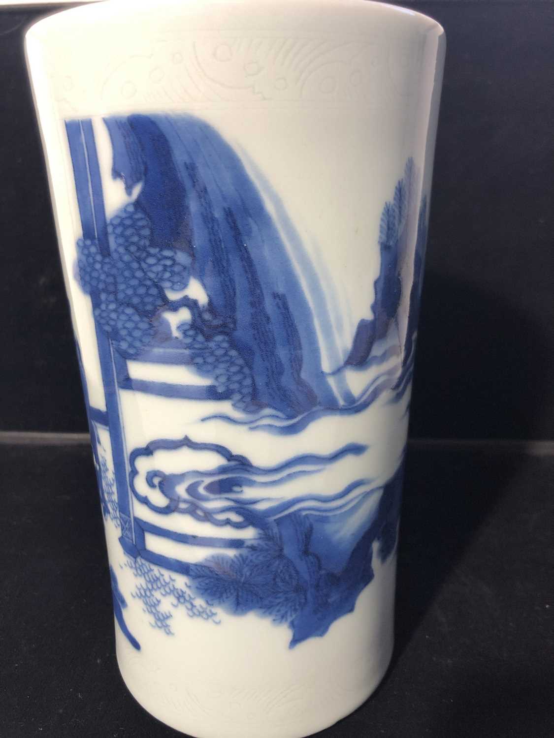 A Chinese blue and white porcelain transitional brush pot, of slender cylindrical form, decorated on - Image 9 of 31