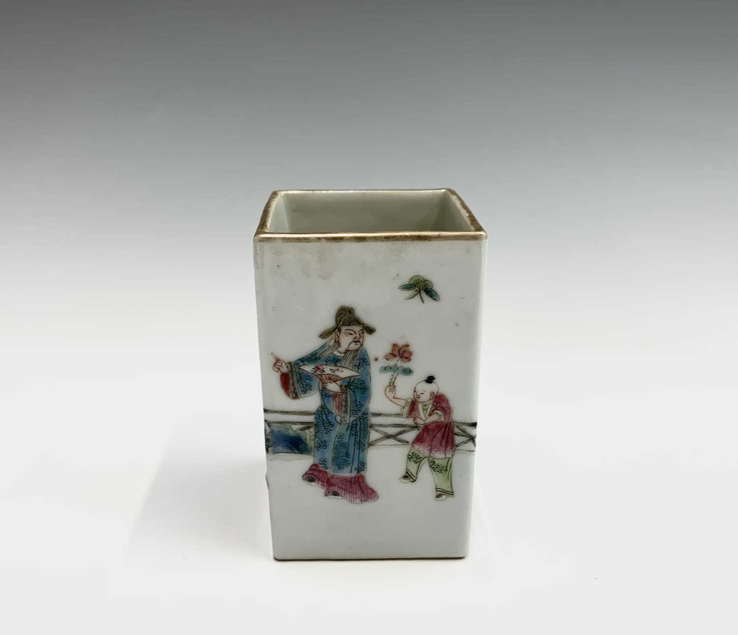 A Chinese famille rose porcelain square brush pot, 19th century, the garden scene with figures, - Image 2 of 8