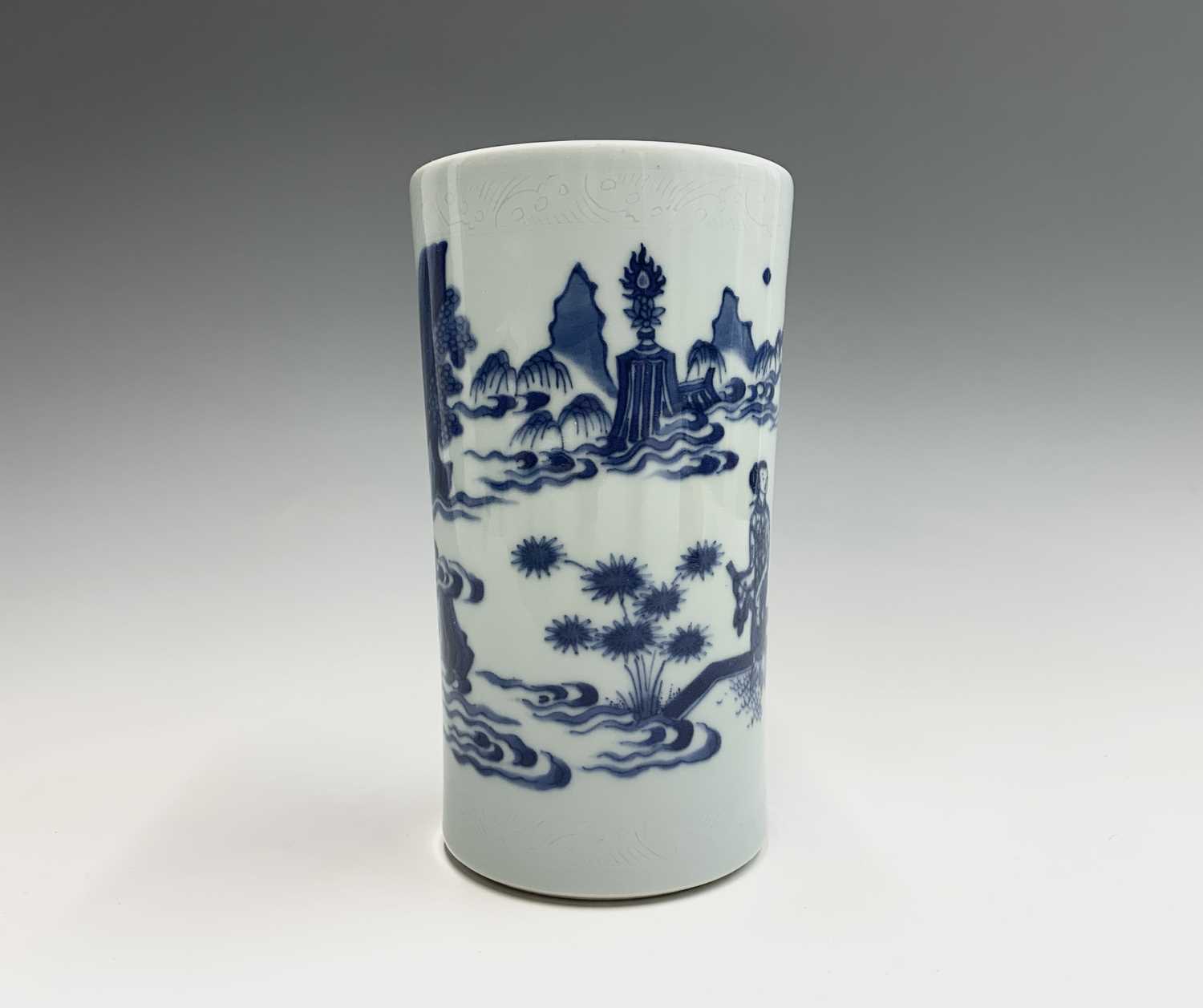 A Chinese blue and white porcelain transitional brush pot, of slender cylindrical form, decorated on - Image 2 of 31