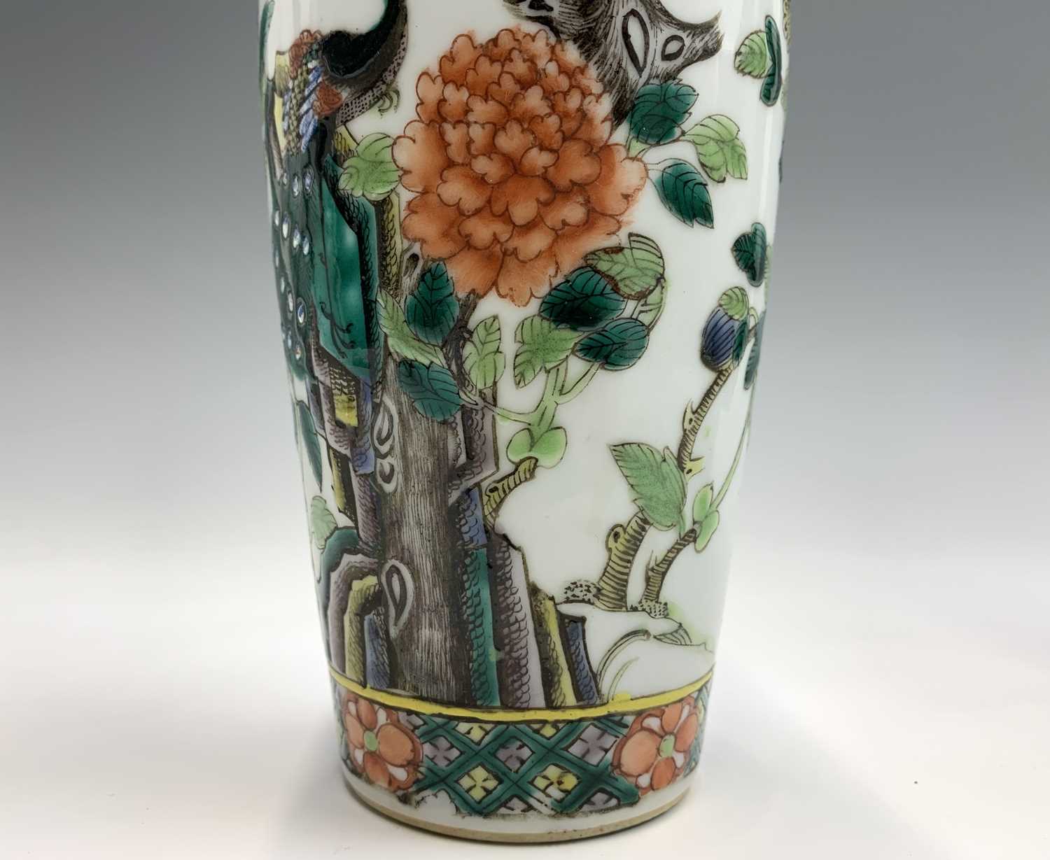 A pair of Chinese famille verte porcelain vases, Qianlong four character mark, with an exotic bird - Image 8 of 10