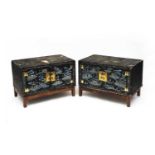 A pair of Chinese lacquered wood and painted cabinets, early 20th century, on later oak stands,