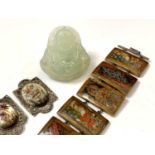 A carved jade pendant of Buddha, length 3.5cm, a Persian bone painted bracelet, length 16cm, and