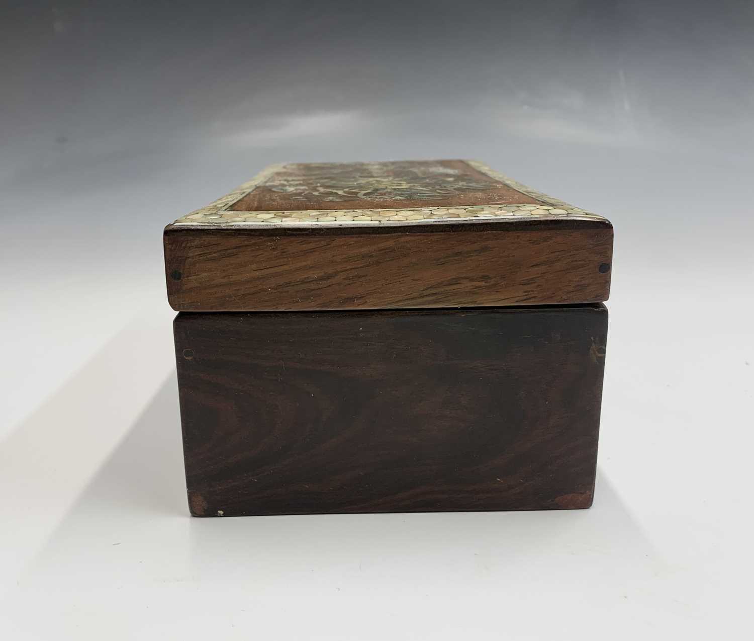 A Chinese hardwood and mother of pearl work box, the top inlaid with foliage, butterflies and a - Image 2 of 5