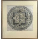 A Tibetan woodblock print on hand made paper, framed and glazed, 43 x 44.5cm, frame size 67 x 63cm.