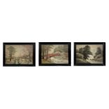 A set of three Chinese silkwork pictures, circa 1900, depicting river scenes, framed and glazed,