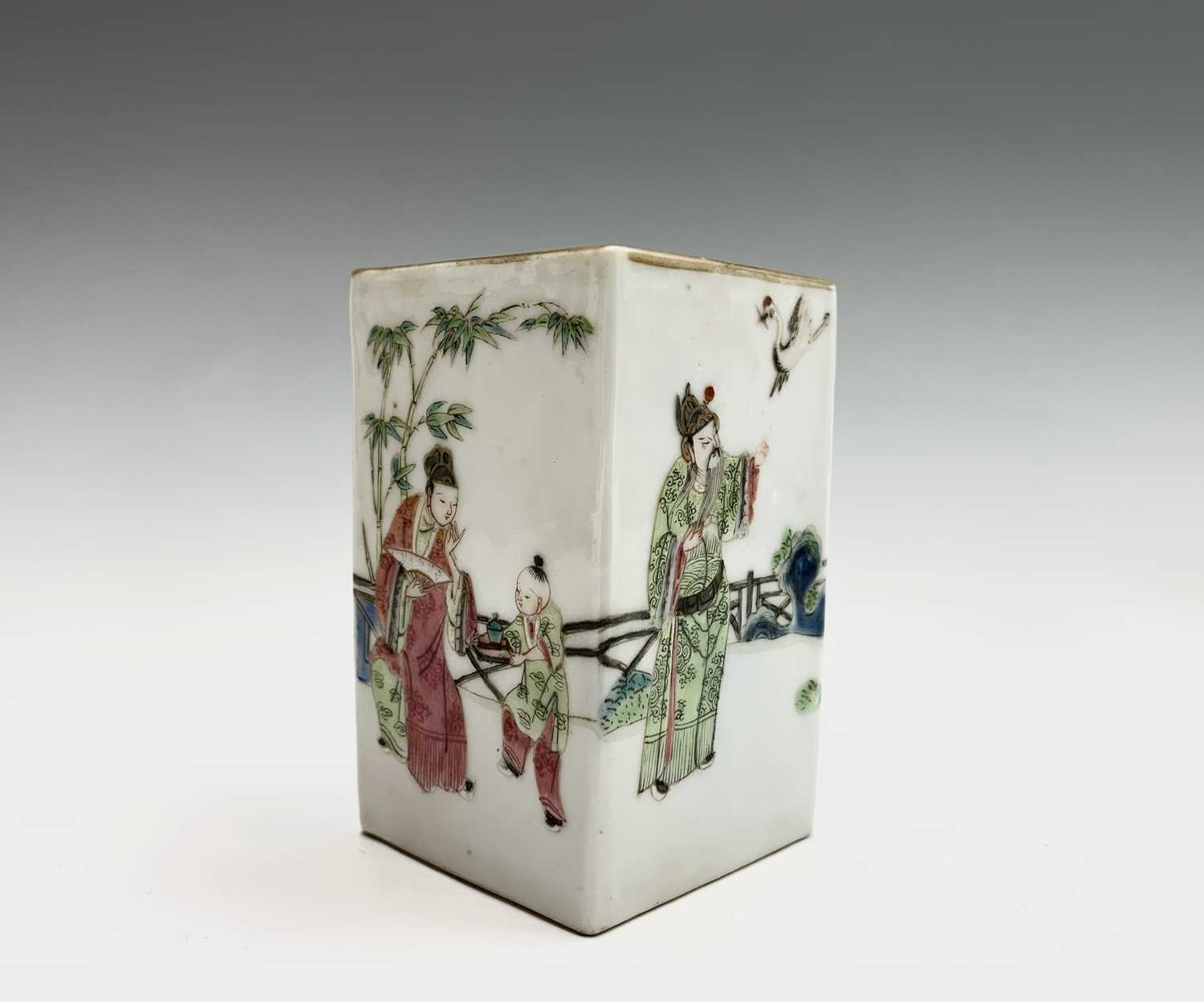 A Chinese famille rose porcelain square brush pot, 19th century, the garden scene with figures, - Image 4 of 8