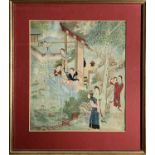 A Chinese painting on silk, with mutiple figures on a balcony, early 20th century, framed and