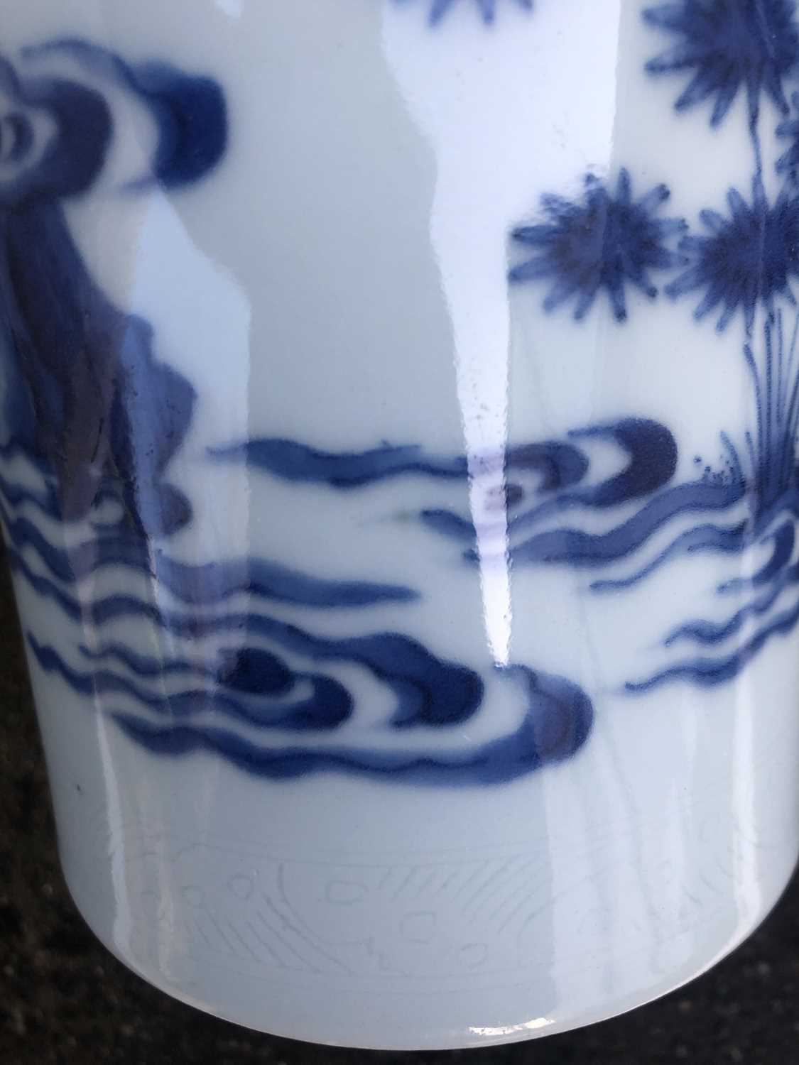 A Chinese blue and white porcelain transitional brush pot, of slender cylindrical form, decorated on - Image 24 of 31
