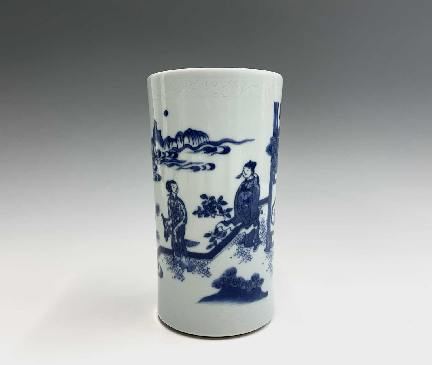 A Chinese blue and white porcelain transitional brush pot, of slender cylindrical form, decorated on - Image 4 of 31