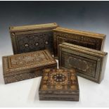 Five Syrian inlaid hardwood work boxes, early-mid 20th century, size of largest; height 8cm, width