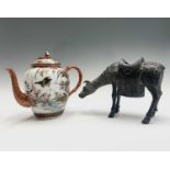 A Japanese Kutani porcelain teapot, circa 1900, red character marks, height 17cm, width 19.5cm and a