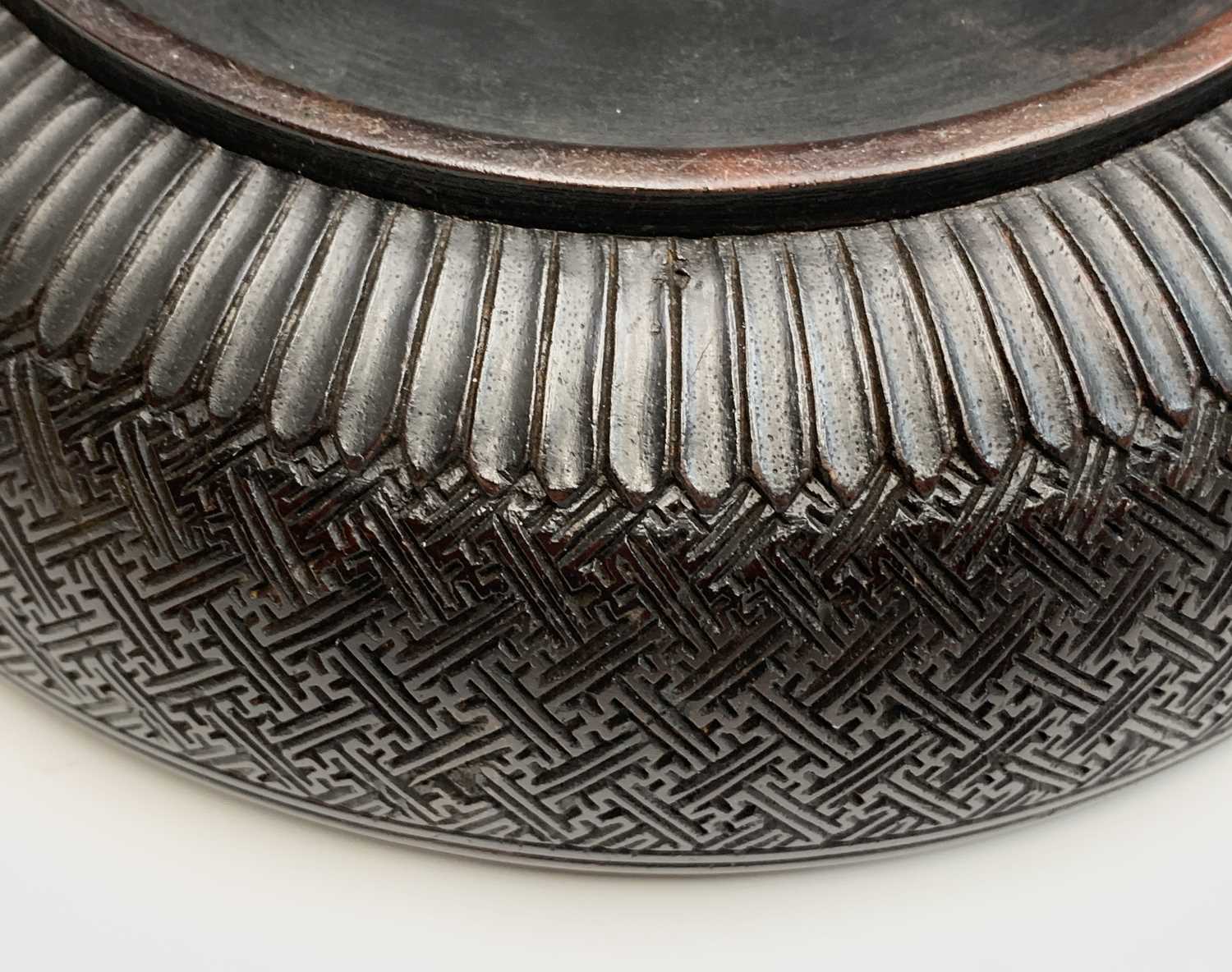 A Chinese Zitan wood circular box and cover, 18th century, the pierced cover carved with nine - Image 11 of 25