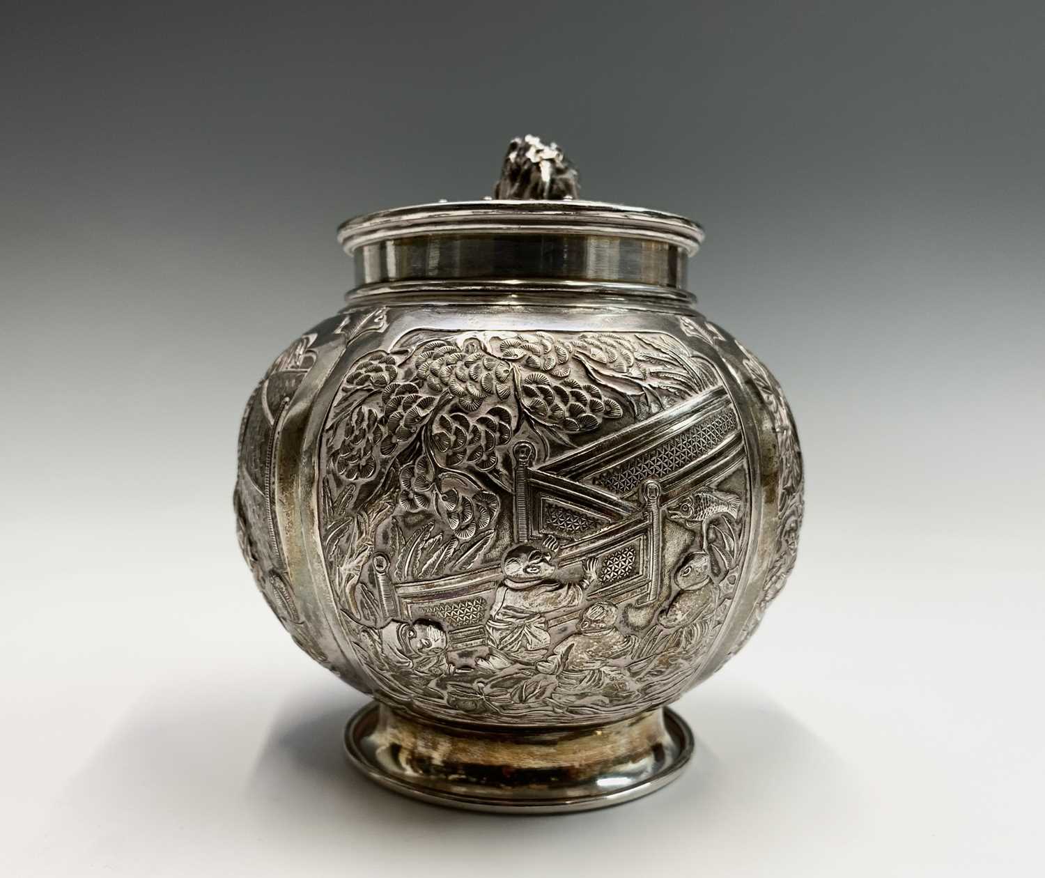 A Chinese silver globular tea caddy, the body with four shaped panels enclosing garden scenes - Image 3 of 12